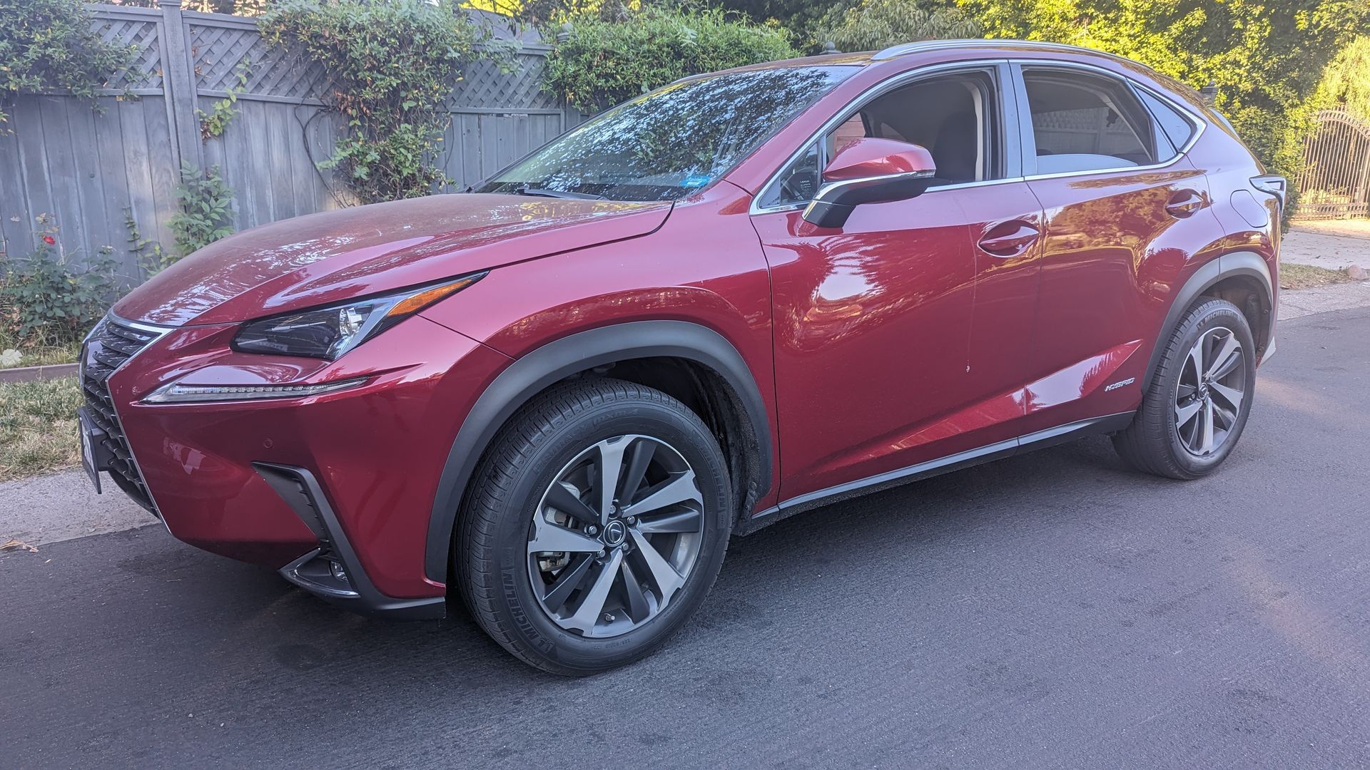Red SUV parked on a street beside greenery, viewed from the front-left side.