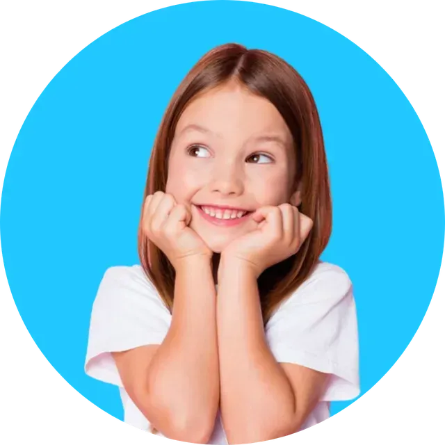 A person resting their chin on their hands and looking to the side with a smile against a bright blue circular background.