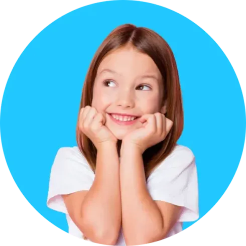 A person looking to the side with a smile, resting their chin on their hands, against a bright blue circular background.