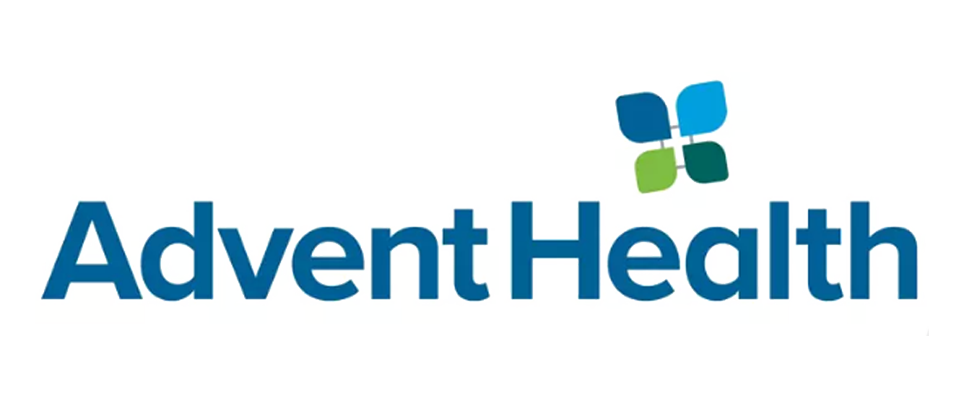 The logo for advent health is blue and green and has a butterfly on it.