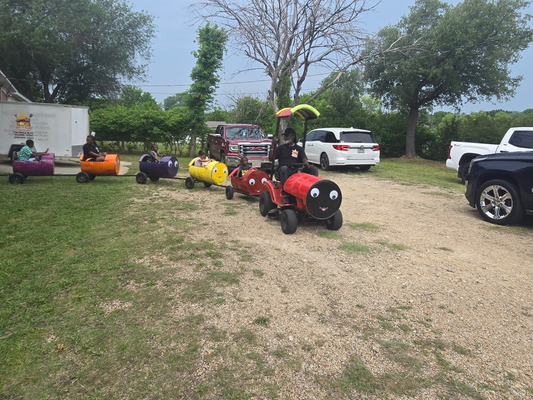 A children's train ride on grass with colorful cars and a smiling red engine.