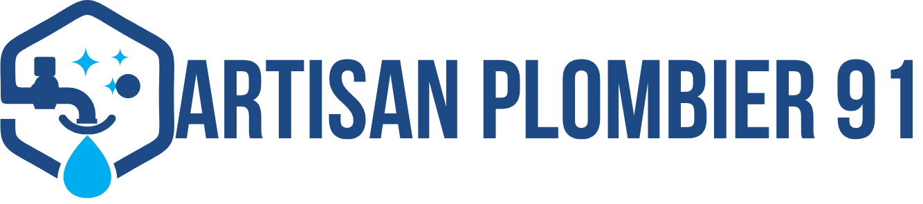 Logo d'Artisan Plombier 91 : hexagone bleu avec un robinet, des &eacute;toiles et une goutte d'eau ; texte bleu fonc&eacute;.