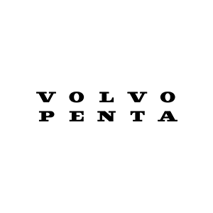 Il logo volvo penta è in bianco e nero su sfondo bianco.