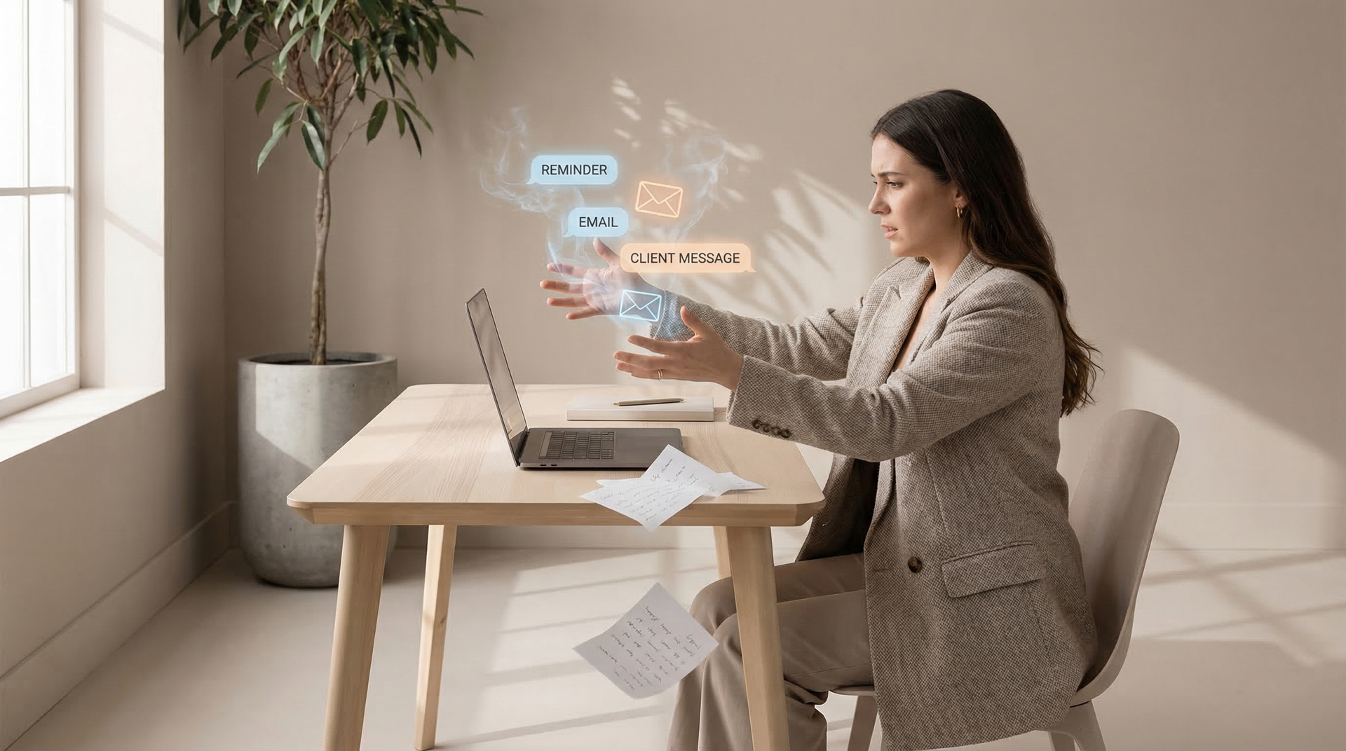 A professional sits at a desk with a laptop, gesturing toward floating chat bubbles with text, in a sunlit home office.