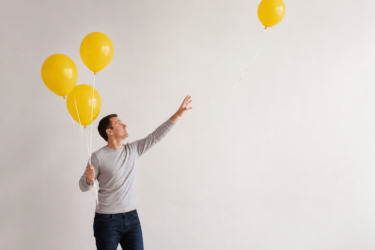 Man holding three yellow balloons and reaching toward a floating yellow balloon against a white wall