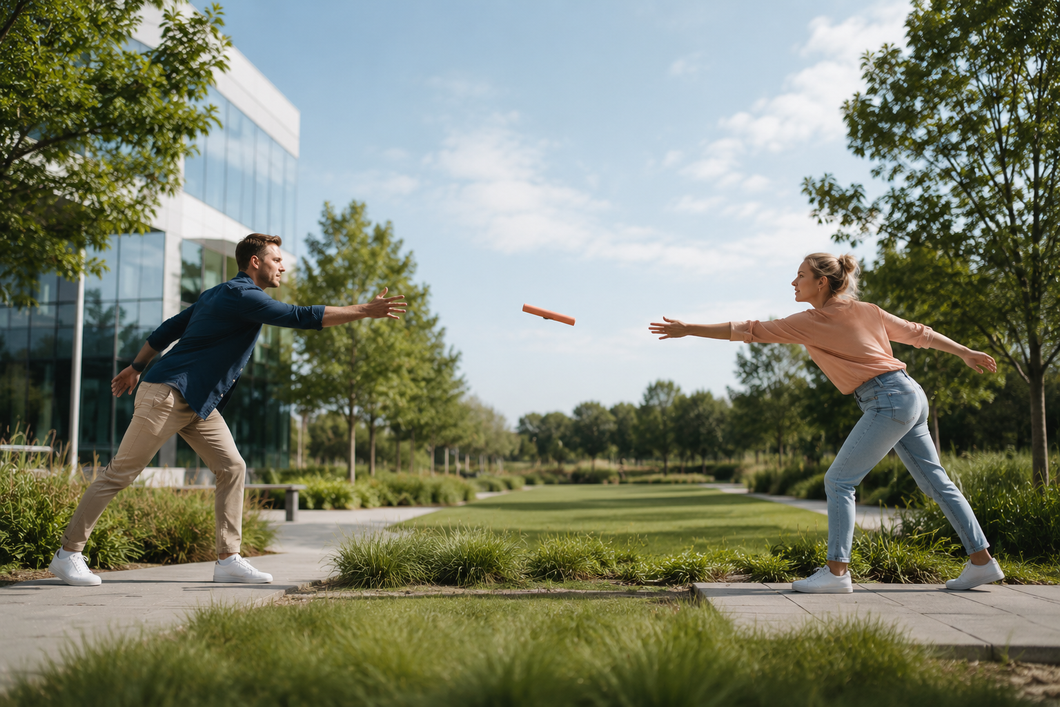 Two people outdoors throwing a small orange object in a sunny park near modern buildings