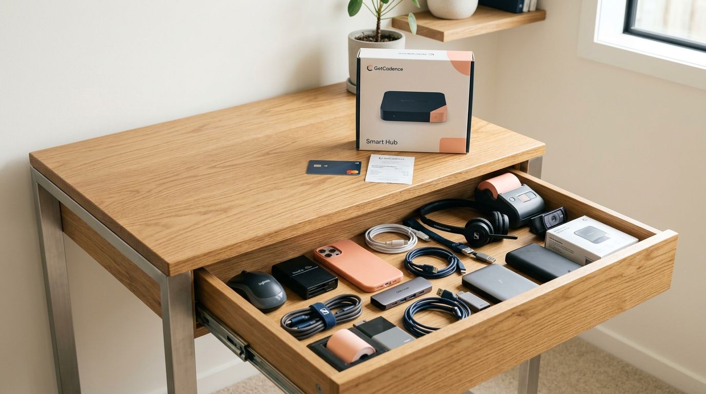Wooden desk with an open drawer full of camera gear and accessories, plus a box on top