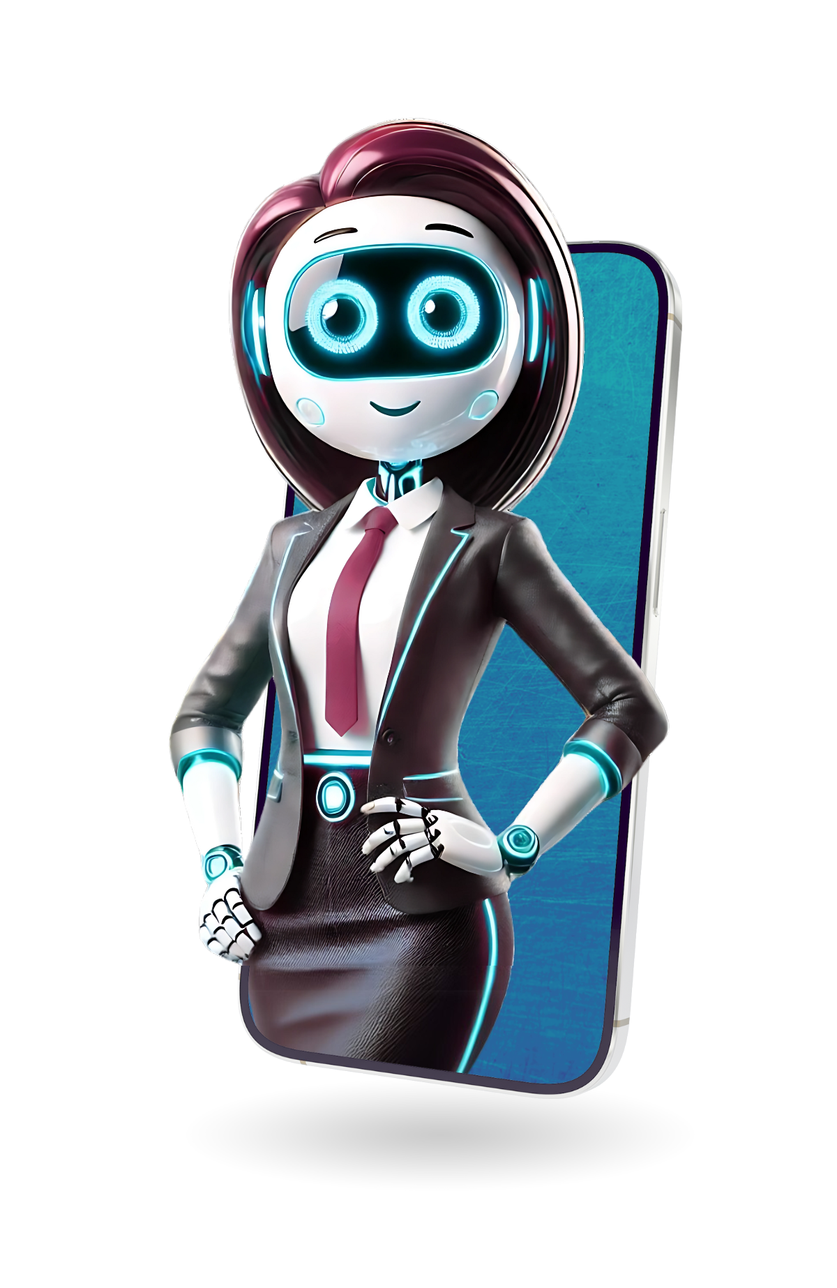 Stylized robot in a suit and tie, standing confidently beside a blue screen
