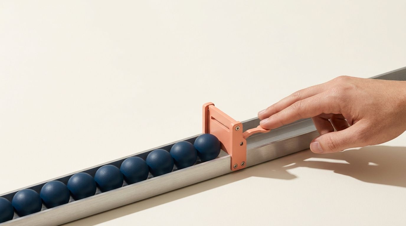 Hand sliding an orange device along a tube of blue balls on a white surface