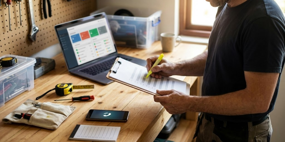 A person working at a workbench, writing on a clipboard, laptop open, tools visible.