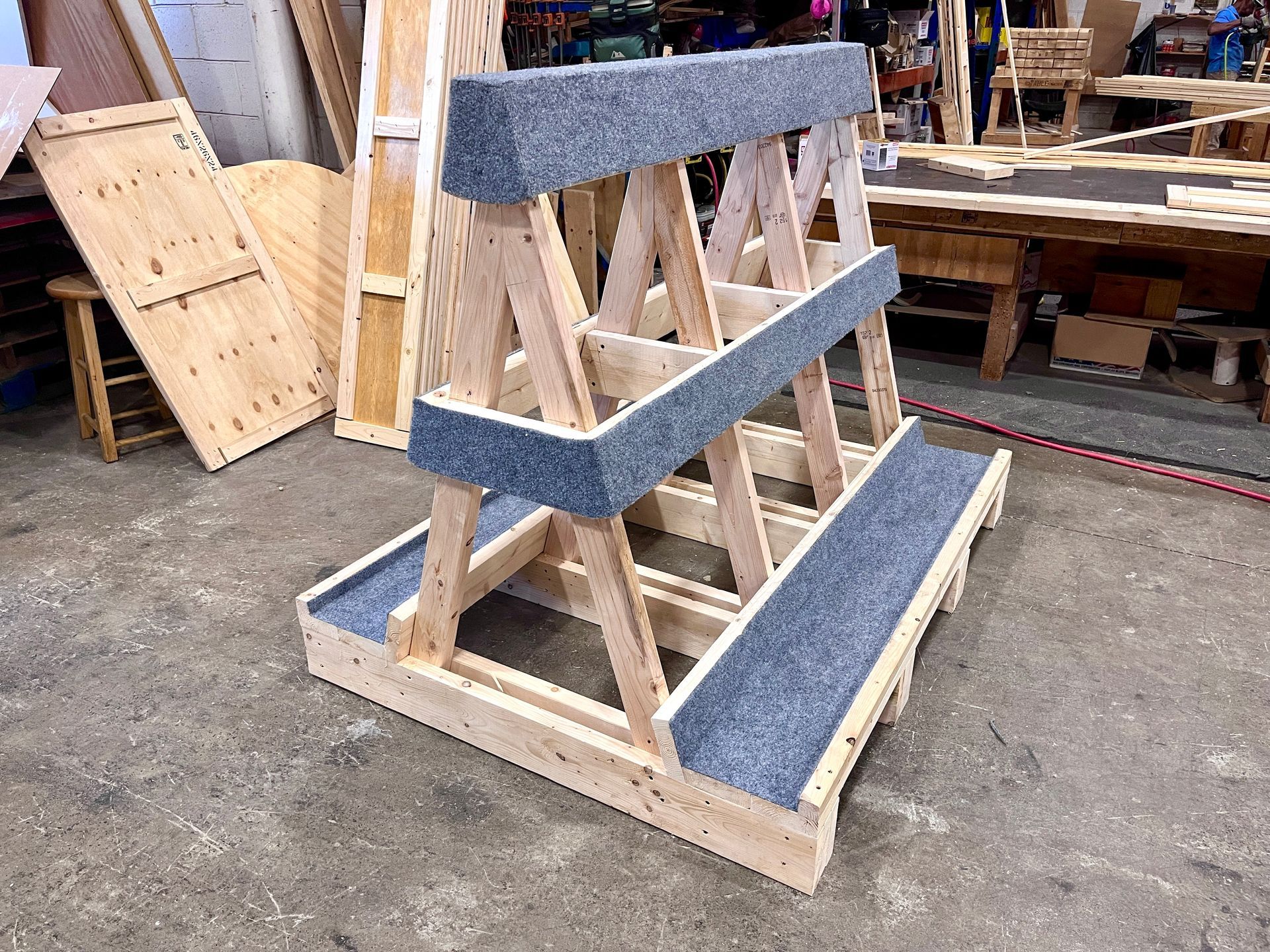 The completed A-frame glass storage rack constructed by Commerce Packaging Corporation.
