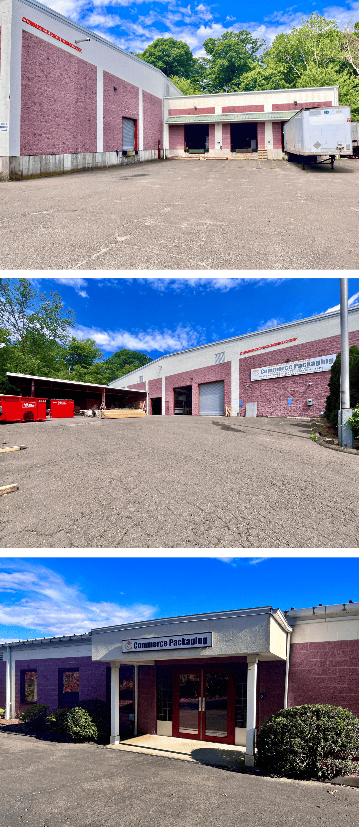 Three images shown as one. The topmost image is Commerce Packaging's loading docks, the second is the lumberyard entrance, and the third and bottommost is the office entrance.