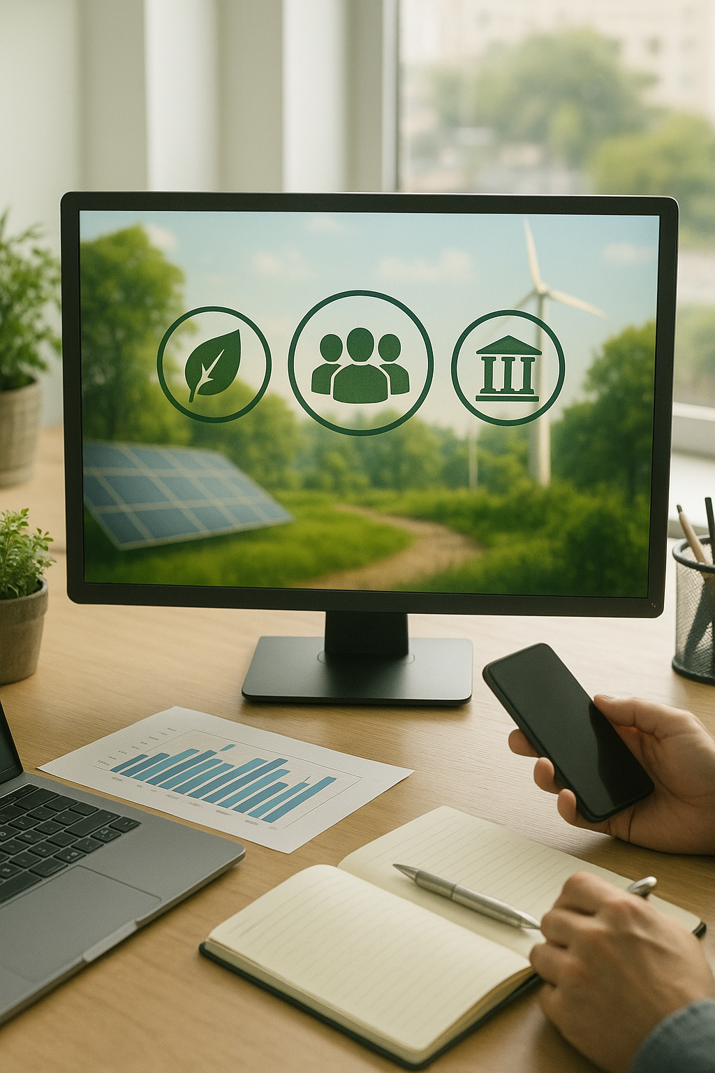Desktop monitor with environmental icons; a person uses a phone with a laptop and notebook on a desk.