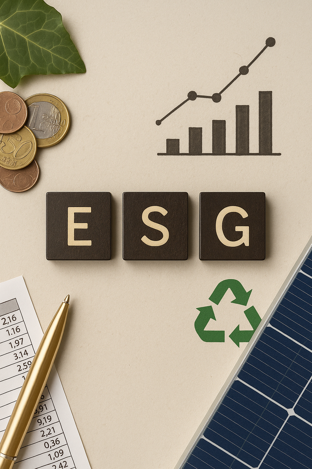 ESG concept with coins, chart, recycling symbol, solar panel, and documents.