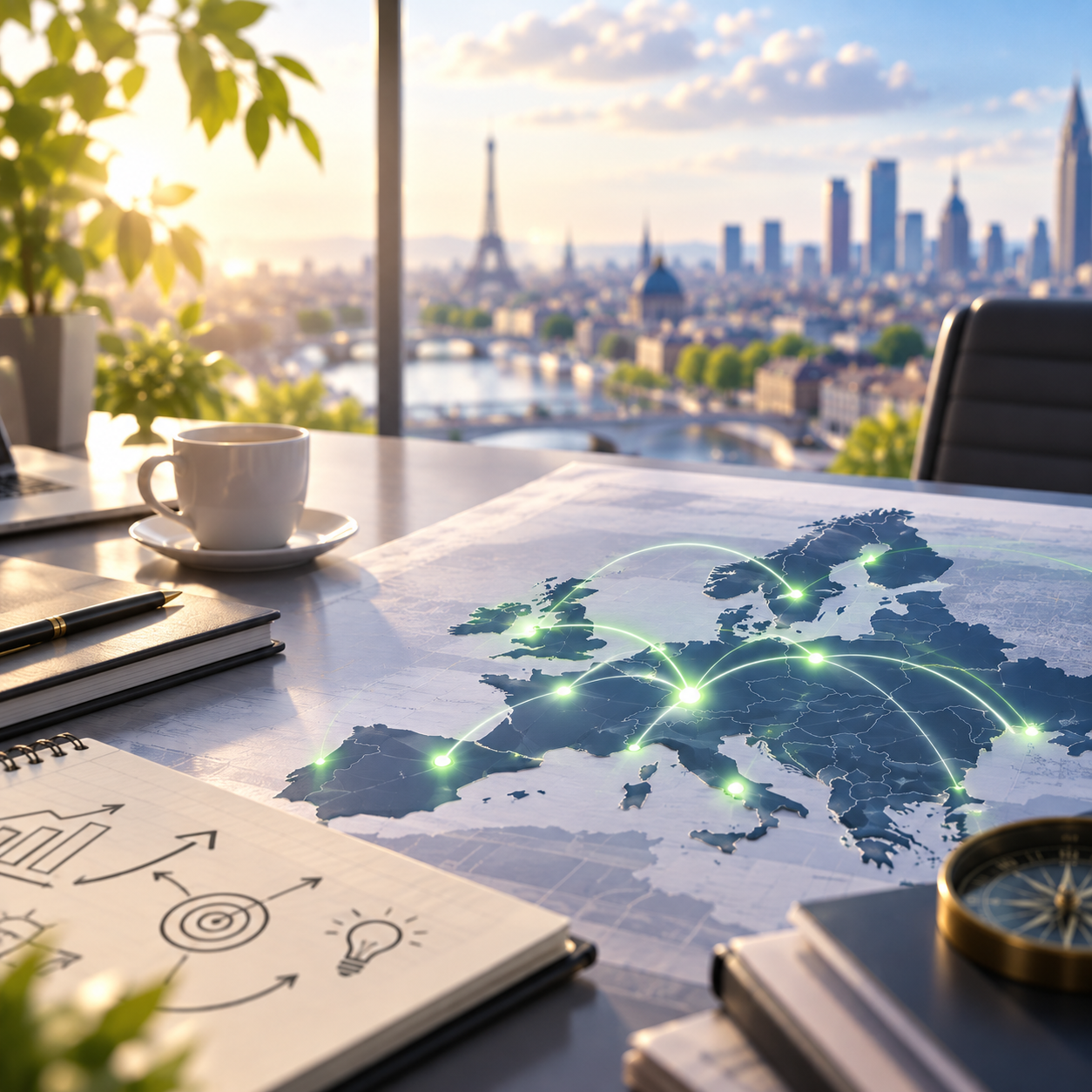European market entry strategy illustrated by a map of Europe with connected markets, representing e