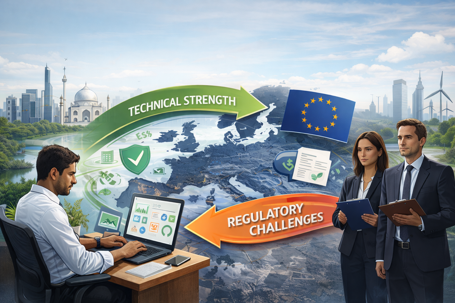 Illustration of Indian sustainability SaaS companies expanding into Europe, highlighting technical s