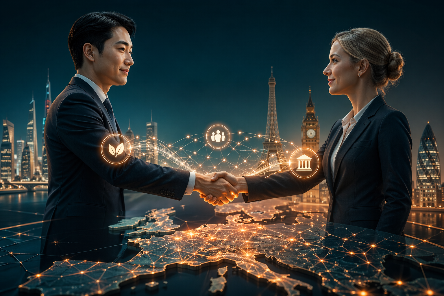 Two businesspeople shake hands over a glowing cityscape with digital network icons at dusk.