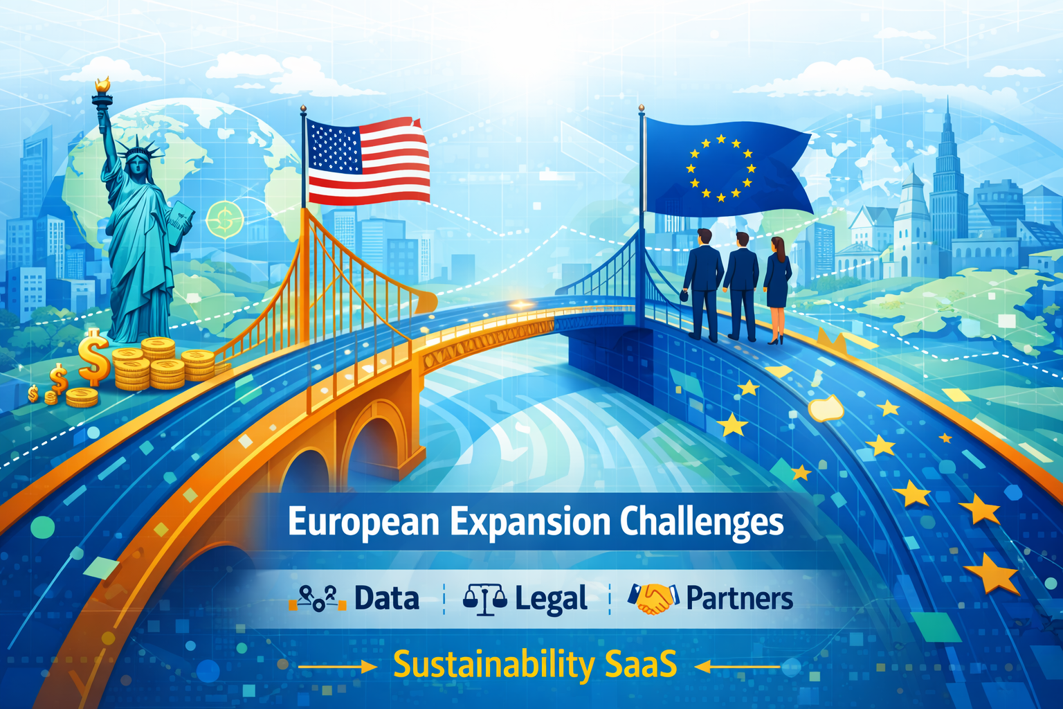 Conceptual illustration of US sustainability SaaS expansion into Europe, featuring a bridge between