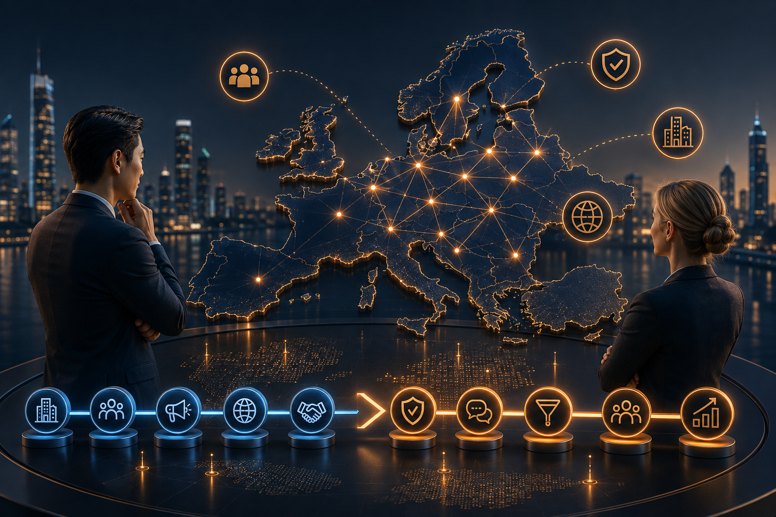 Two business executives overlooking a glowing digital map of Europe connected by a network of nodes,