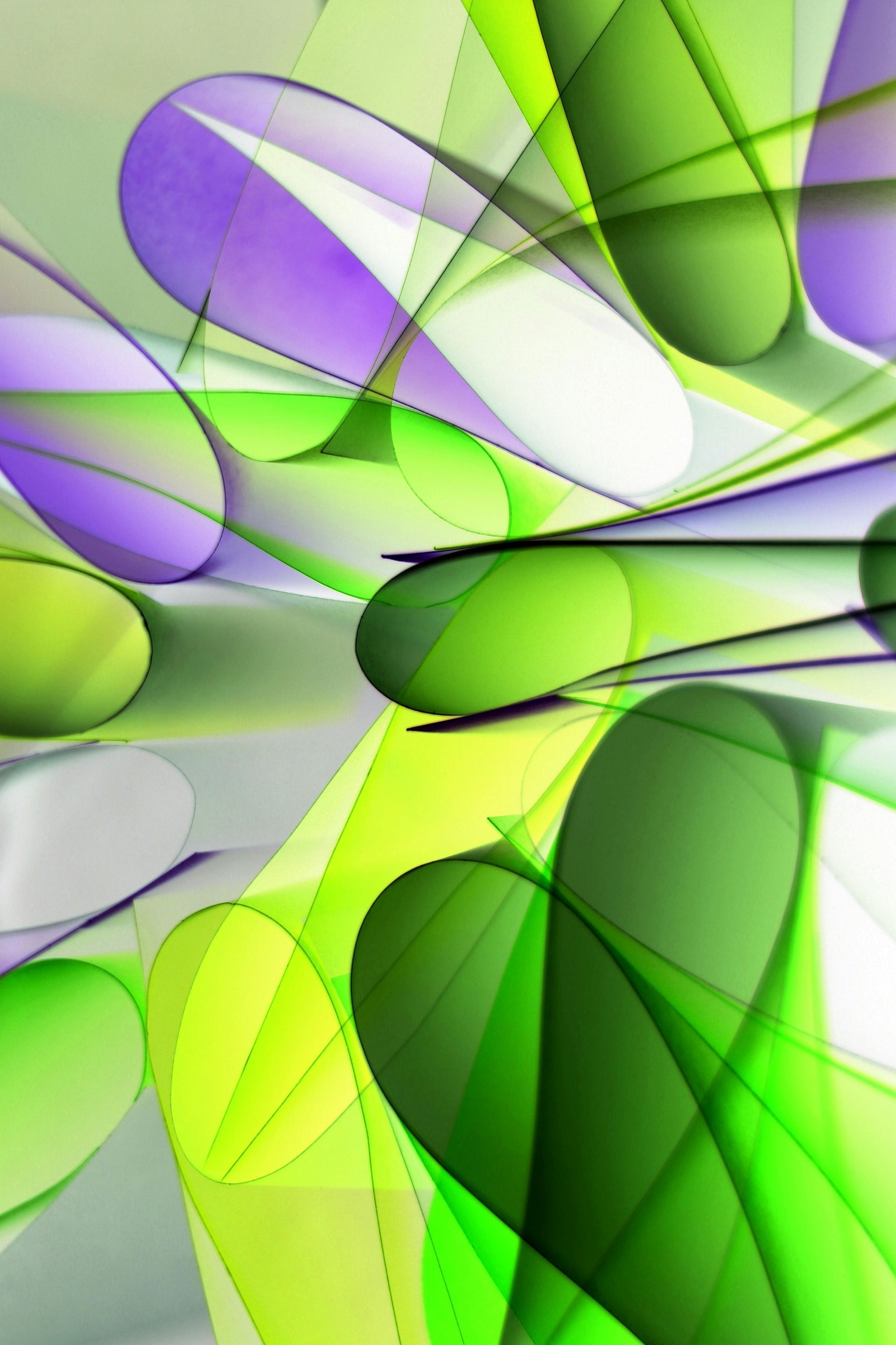 Abstract composition of overlapping green and purple rounded shapes.