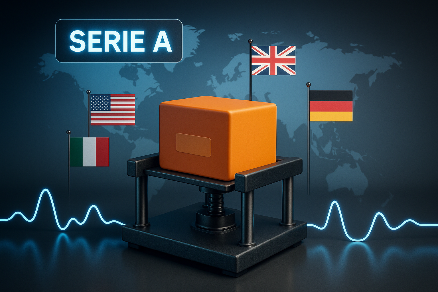 Orange box on a black stand, flags of Italy, USA, UK, Germany,