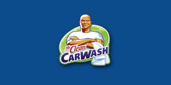 Mr. Clean Car Wash logo with a smiling bald mascot on a green and blue badge