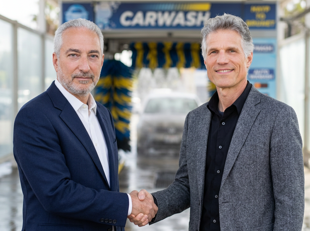 Two men in suits shake hands in front of a car wash entrance.