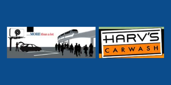 Two car wash logos side by side, one with a black car silhouette and one reading “HARV’S CAR WASH” on orange and black.