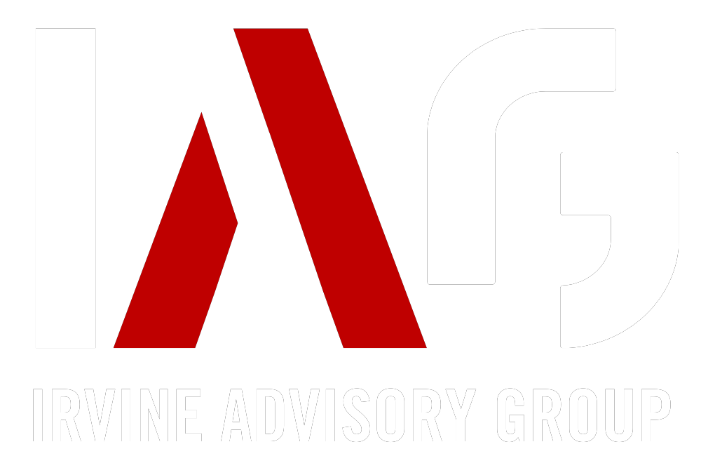 White background with a red stylized “A” logo and faint “IRVINE ADVISORY GROUP” text