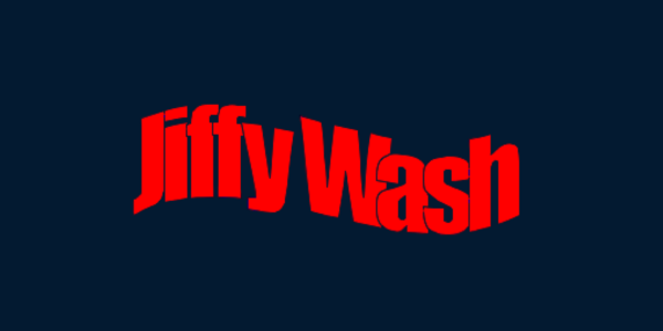 Red Jiffy Wash logo on a dark blue background, with curved text and a white swirl graphic