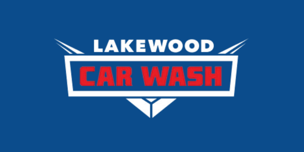 Lakewood Car Wash logo in white, red, and blue on a blue background