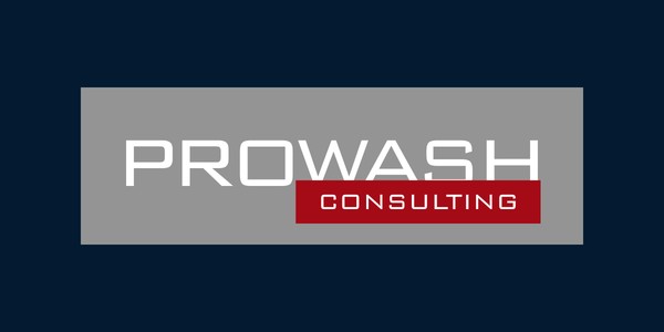 PROWASH Consulting logo in white and red on a gray rectangle over a dark blue background