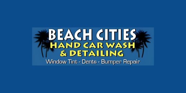 Beach Cities Hand Car Wash & Detailing logo on a blue background with services listed below