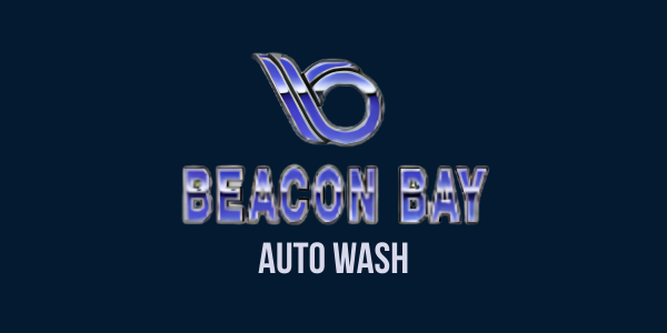 Beacon Bay Auto Wash logo in blue and white on a dark background