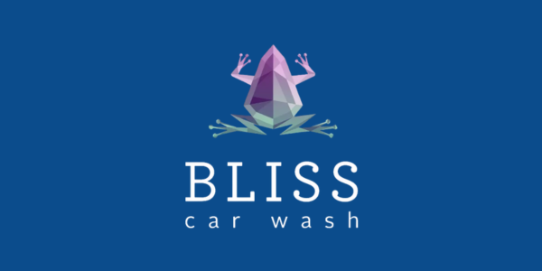 Bliss car wash logo with a purple crystal-like icon on a blue background