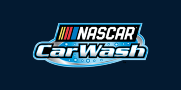 NASCAR Car Wash logo in black, white, red, blue, and yellow on a dark background