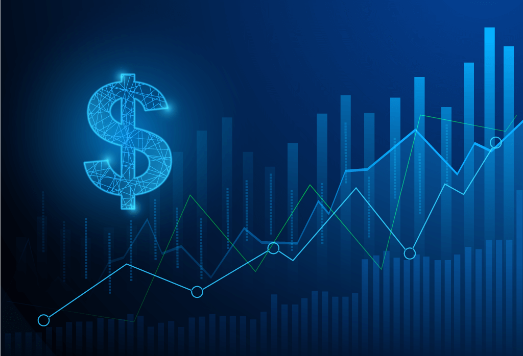 Blue financial chart with rising bars, line graph, and glowing dollar sign on a dark background