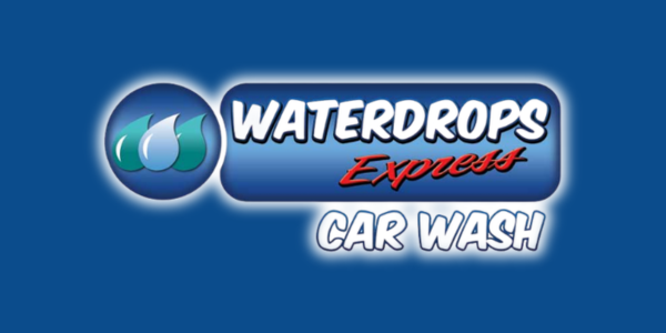 Waterdrops Expert car wash logo with blue water droplet and white, red, and gray text