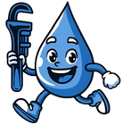 Blue cartoon water droplet mascot running with a wrench, smiling and wearing gloves and shoes