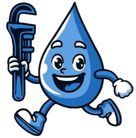 Blue cartoon water droplet mascot running with a wrench, smiling and wearing gloves and shoes