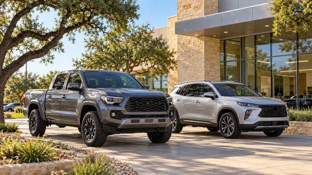 Illustrative San Antonio dealership scene with a pickup and crossover representing different vehicle needs.