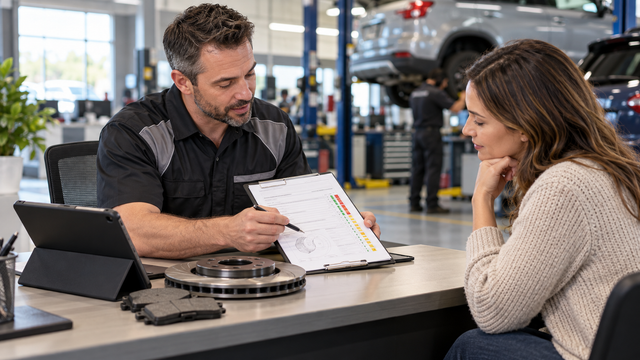 Illustrative service advisor explaining a documented vehicle finding and estimate to an owner.