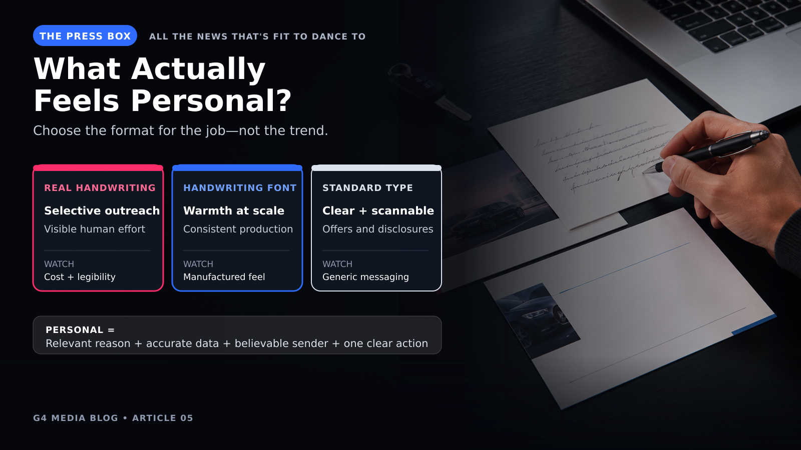 Dark webinar promo slide titled “What Actually Feels Personal?” with three content cards and a hand writing on paper