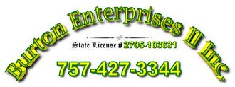 Logo for Burton Enterprises II Inc with phone number 757-427-3344 and state license number 2705-103631 in lime green.