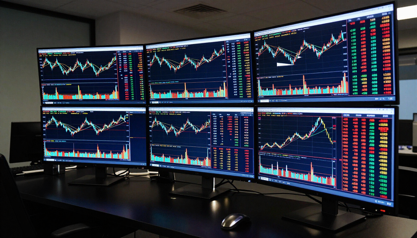Financial trading platform monitors in a professional brokerage dealing room
