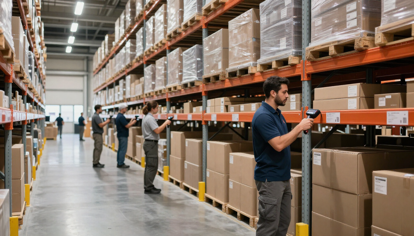 Workers using handheld scanners in a large modern warehouse