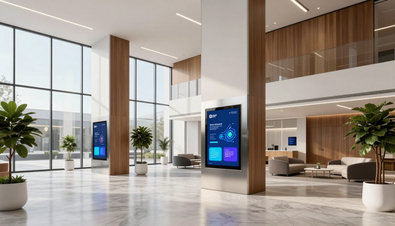 Modern corporate office lobby with glass walls and digital signage