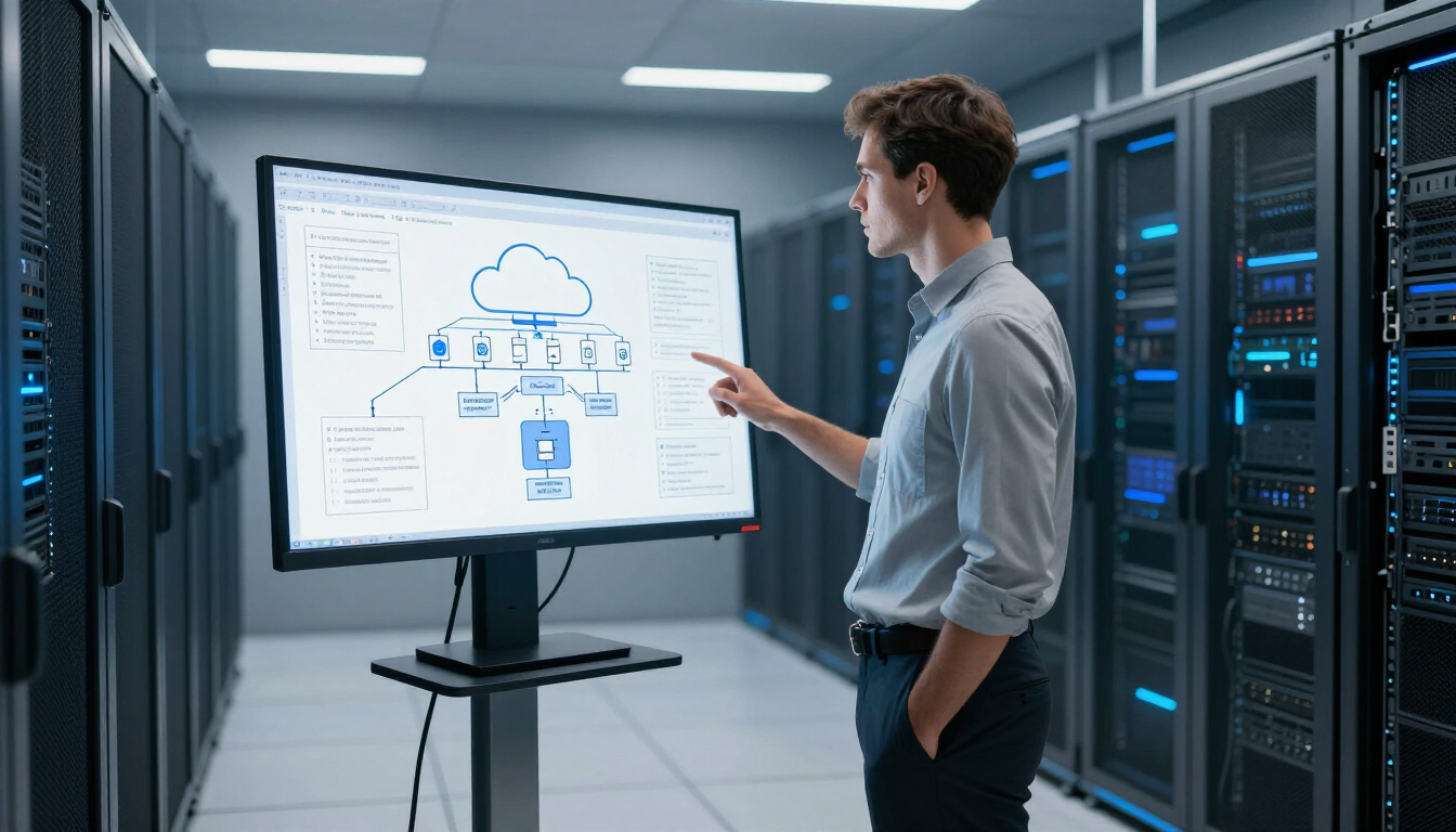 IT engineer reviewing cloud architecture diagrams in a server room