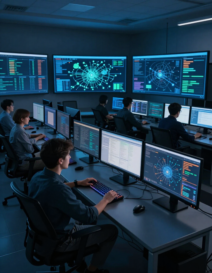 Security operations center with analysts monitoring network dashboards