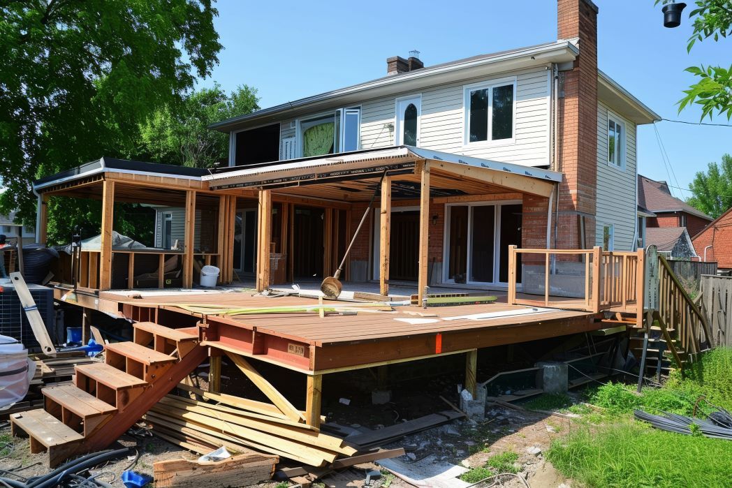 A house is being remodeled with a wooden deck and stairs.